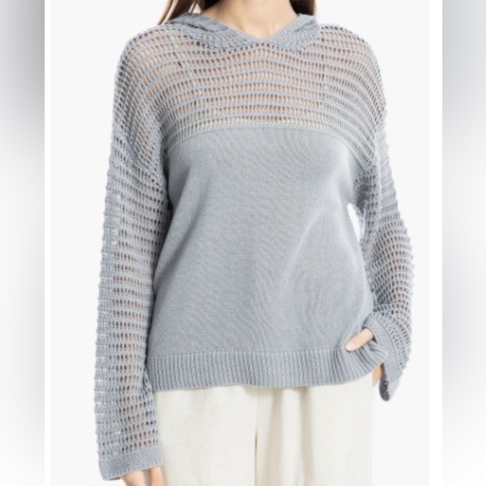Max Studio Women's Light Gray Mesh Pointelle Hooded Sweater